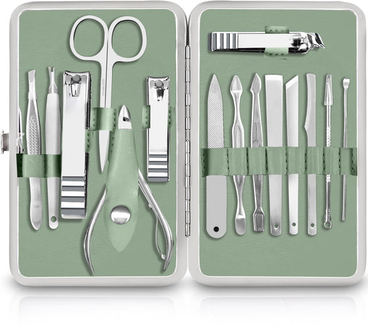 Utopia Care - Manicure Kit for Women and Men, Manicure Set with Nail Clippers or Nail Kit Includes Fingernail & Toenail Clippers,15-Pcs Pedicure Kit Stocking Stuffers with Travel Case - Green