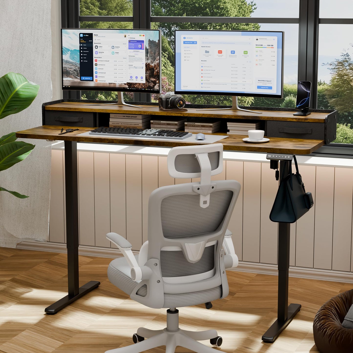 YESHOMY 63" x 23" Electric Standing Desk with 2 Drawers, Height Adjustable Computer Desk, Low Noise Home Office Stand Up Desk with 2 Preset Heights & 2 Hooks, Rustic Brown