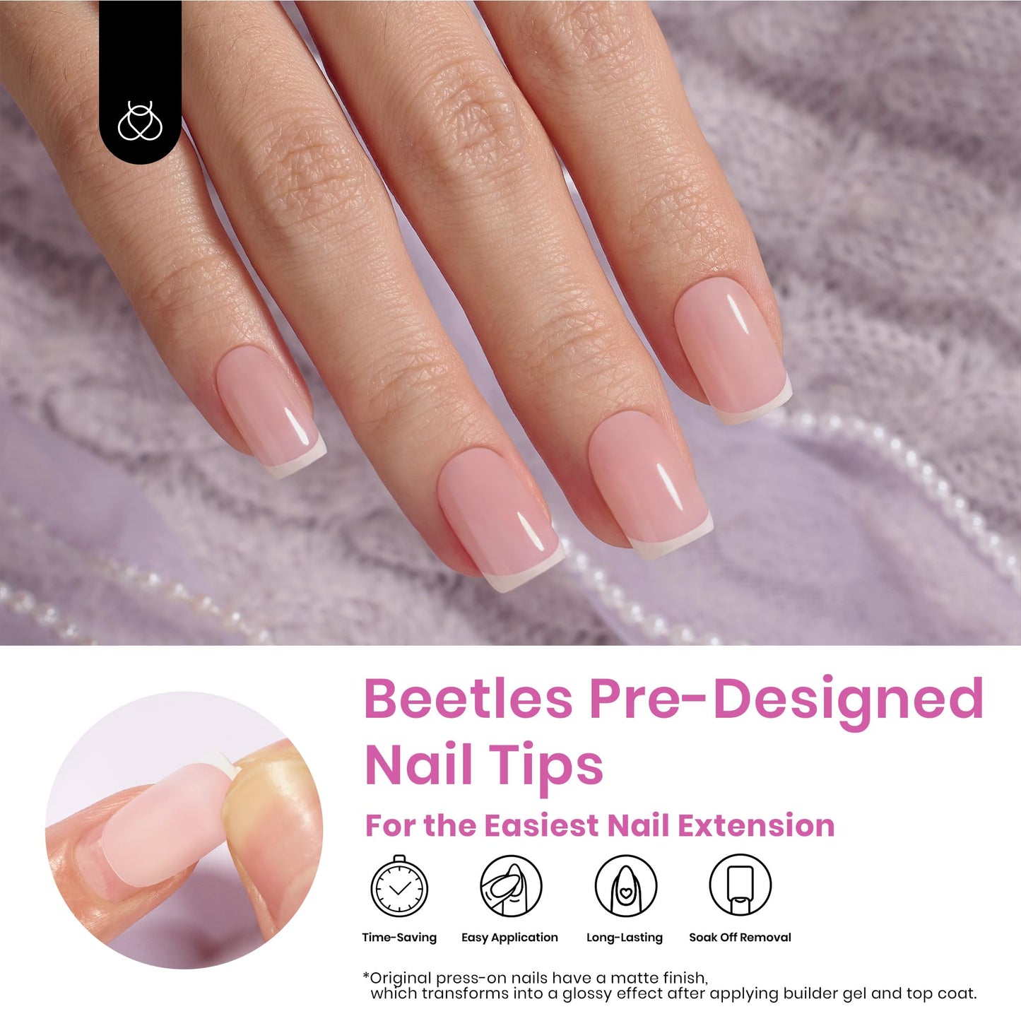 Beetles Short Square French Tip Press on Nails, 224Pcs French Tip Press on Nails Pink Short Square Shape Nail Tips, No Need to File Fake Nails for Nail Art DIY Gifts for Women