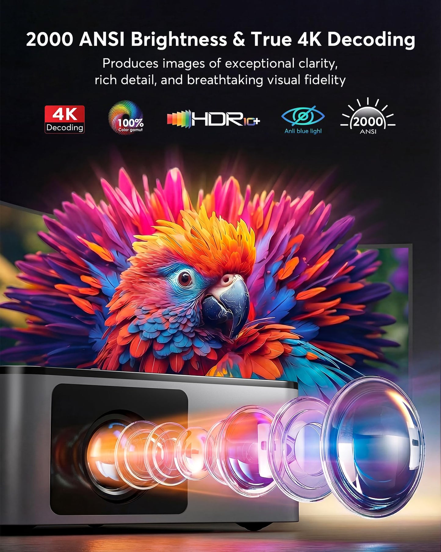 4K Decoding Outdoor Projector Compatible with Netflix [2000 ANSI/AI Auto Focus] Smart Movie Projector with Wifi and Bluetooth, 20W Dolby Audio|Dust-Proof|Built-in Apps|HDR10 Projector with 120" Screen