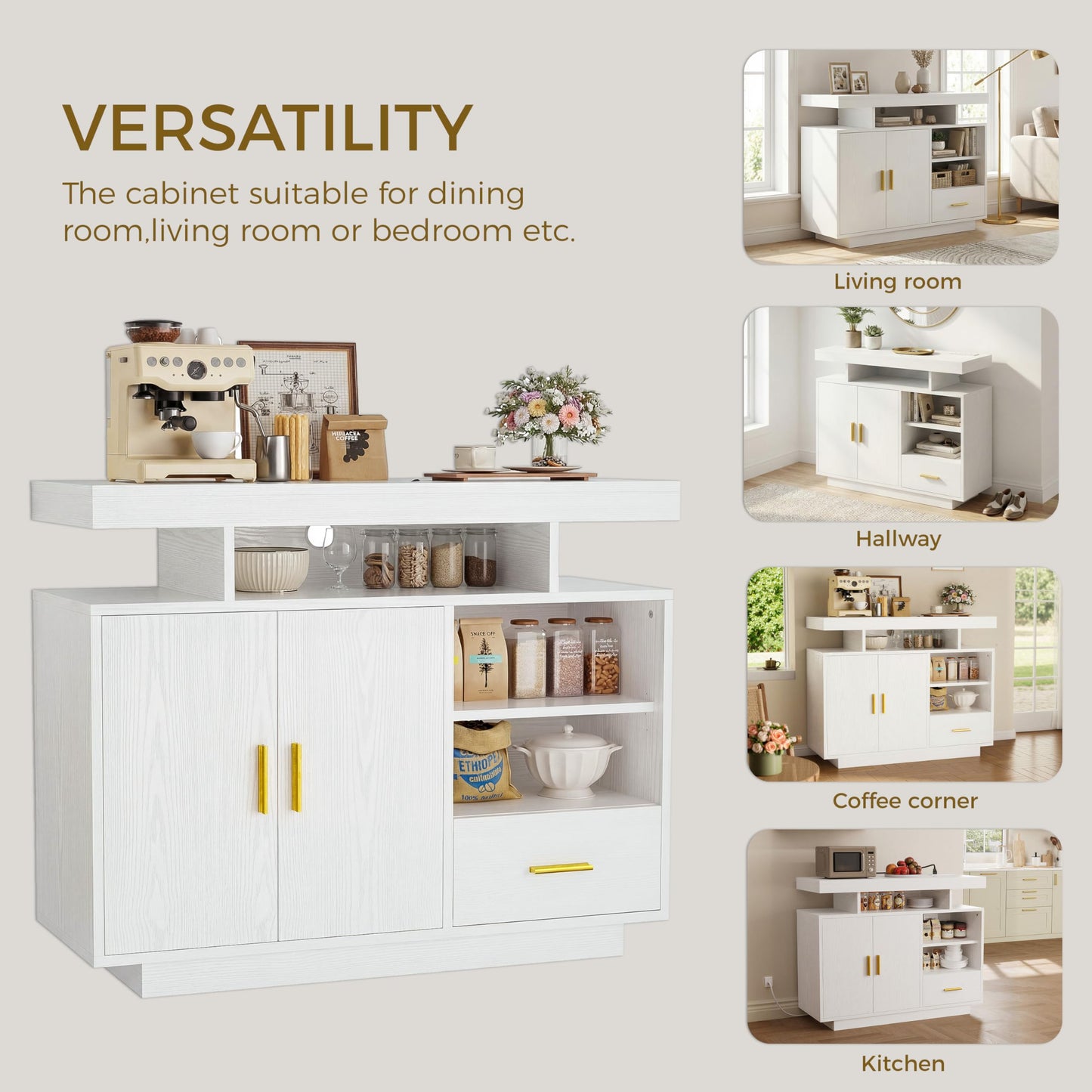IRONCK Buffet Cabinet, Sideboard Cabinet with Power Outlet and LED Light, Modern Storage Cabinet with Drawer, Coffee Bar Cabinet with Doors and Shelves for Kitchen, White