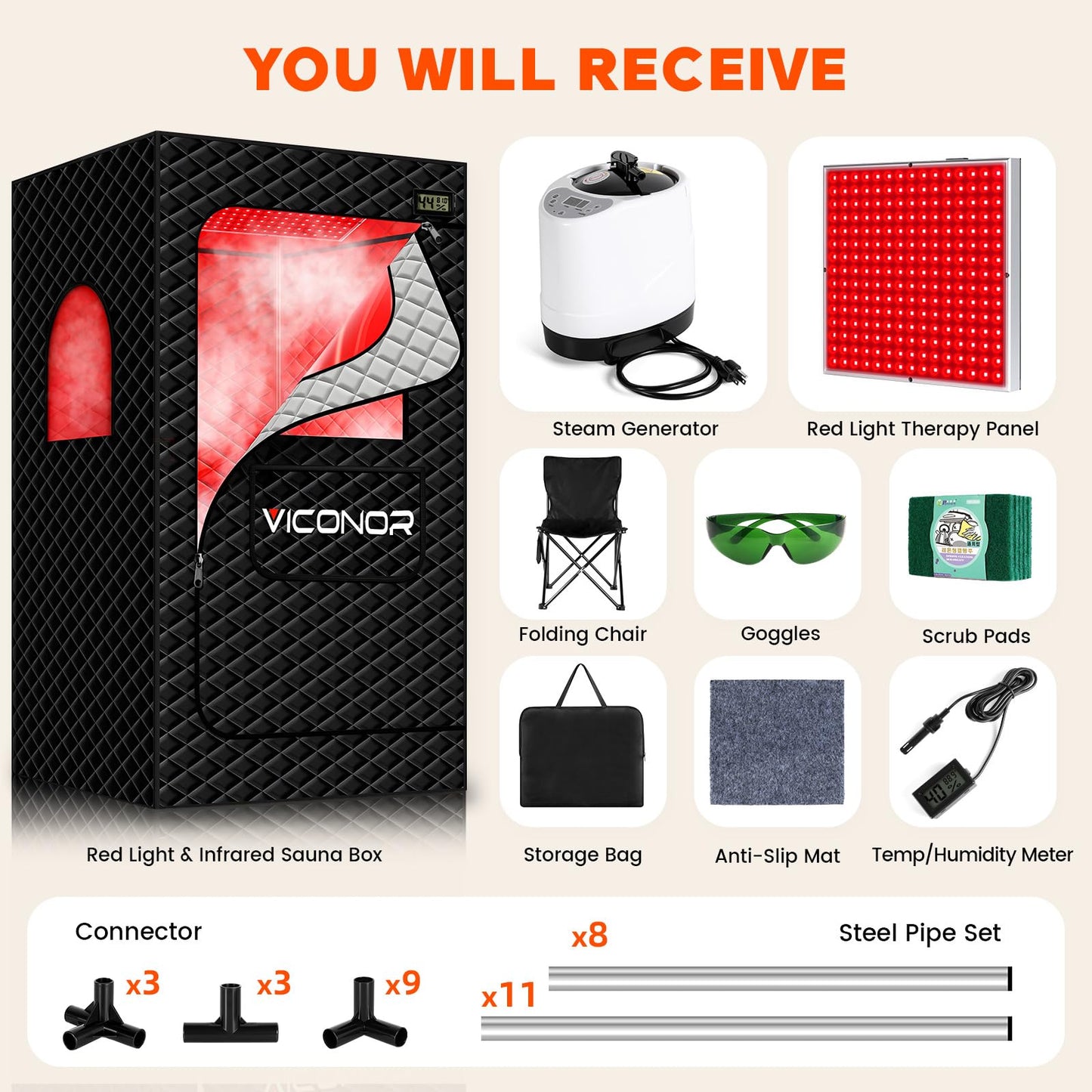 Viconor Infrared Sauna Box, Portable Steam Infrared Sauna Tent with Red Light Therapy for Home, Full Body Steam Indoor Sauna Box for Relaxation, 3L/1200W Steamer, 9 Levels Heat, Timer, Folding Chair