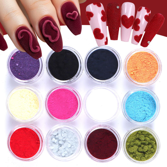 12Colors Flocking Velvet Nail Glitter Powder Multi-Color Fuzzy Fluffy Powder for DIY Creative Crafts Nail Art Decoration Fiber Flocking Velvet Pigment Dust Valentine's Day Decor Designs