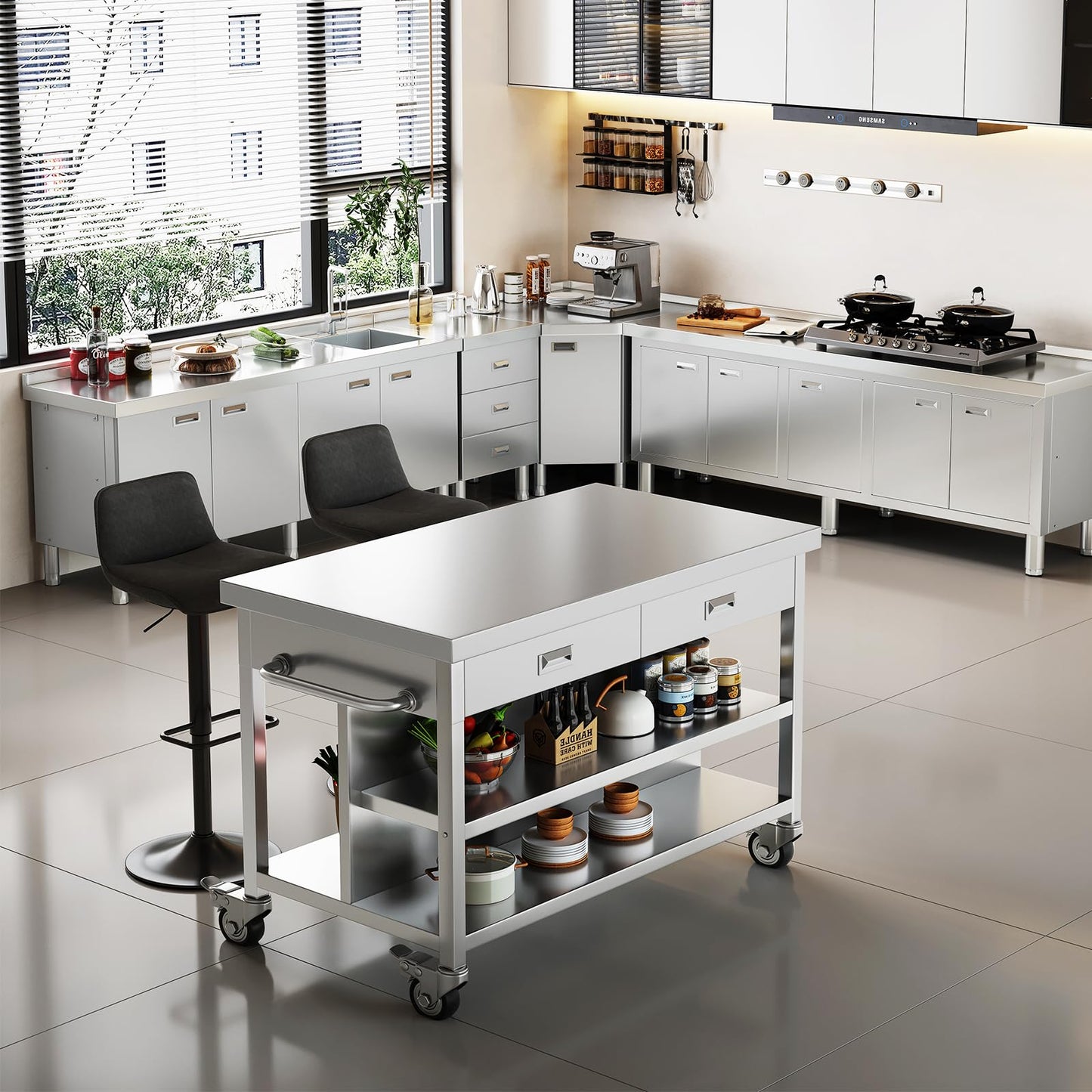 Stainless Steel Kitchen Island with Storage, Rolling Kitchen Island Cart on Wheels with 2 Drawers, Industrial Kitchen Cart, Commercial Portable Island for Kitchen, Bar, Outdoor Patio, 25 x 50 x 37 in