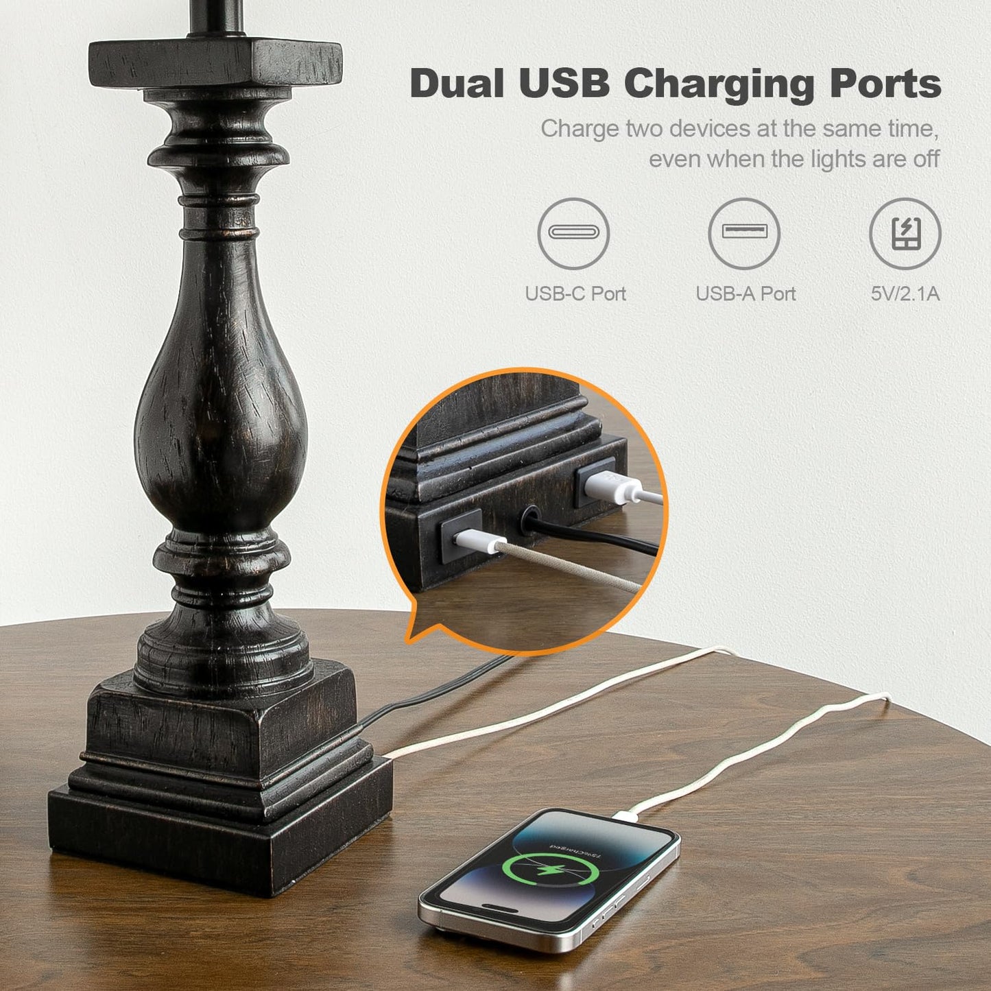 BOBOMOMO 27" Farmhouse Black Table Lamp Set of 2 with USB A+C for Bedroom Living Room Vintage Rustic Traditional Nightstand Bedside Lamps Retro Side Table Lamps (Blubs not Included)