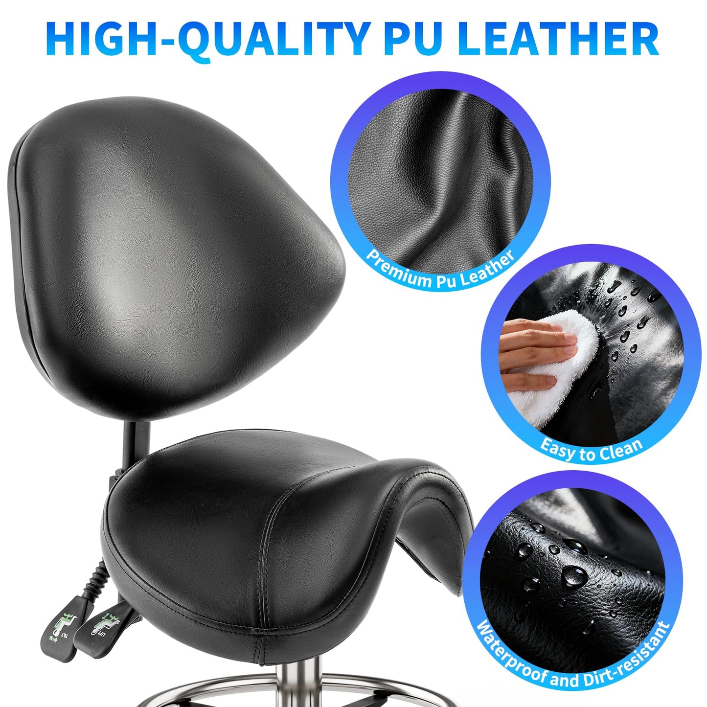 Saddle Chair with Back Support - Adjustable Height with Foot Rest，350 LBS Capacity Ergonomic，360° Swivel Drafting Chair for Salon，Spa，Massage，Tattoo，Facial lash，Home, Dentist Clinic (Black)