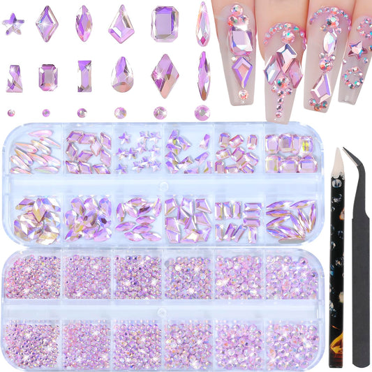 Nail Rhinestones - 3D Multi Shape Size, Crystal, Manicure Rhinestones Charms, Light Pink AB Nail Gems, Flat Back, with Kit, for Nail Art, DIY Decorations