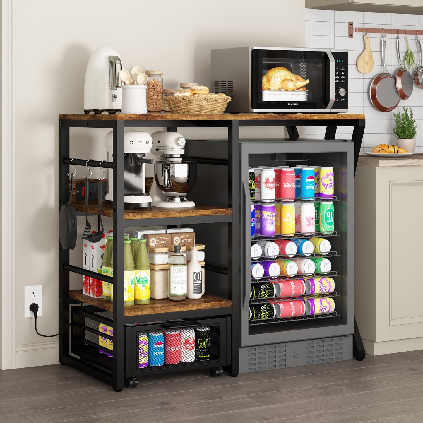 Beverage & Wine Fridge Stand with Movable Basket, Coffee Bar Cabinet with Mini Fridge Space and Power Outlet, Kitchen Storage Organizer with Worktop, Microwave Oven Stand Rack for Home, Dorm, Office