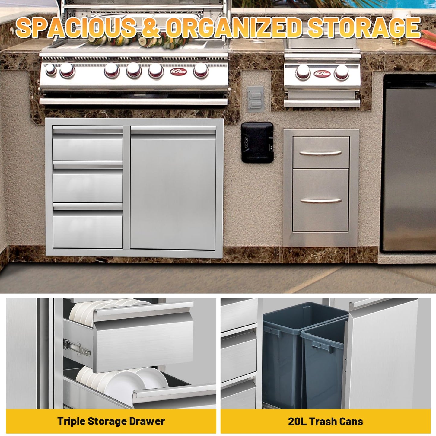 Tactralis Outdoor Kitchen Drawer Combo Cabinet Stainless Steel Triple Drawers & Trash Drawer with 2 Trash Cans, 28" W x 22" H x 19.5" D Outdoor Kitchen Cabinets for BBQ Grill Station