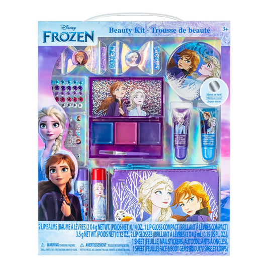 Disney Frozen Super Sparkly Kids Makeup Set for Girls with Clips, Lip Gloss, Nail Stickers, Lip Balm, Nail Gems, Mirror, Elsa and Anna Themed Purse, by Townley Girl ﻿