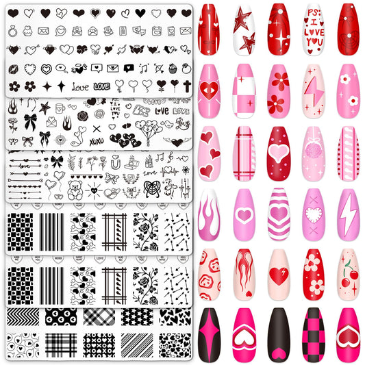 Whaline 6Pcs Valentine's Day Nail Plates Stamping Set Love Heart Stamp Templates Nail Art Plates for DIY Print Manicure Salon Design