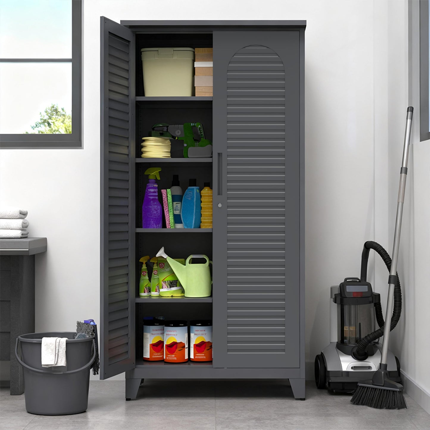 Shutter Metal Storage Cabinet,Waterproof 73'' Tall Freestanding Tool Chest w/ 3 Adjustable Shelves,Locking Doors,2 Hanging Rod,Utility Garage Storage Tool Cabinet for Garage,Home,Office,Outdoor,Black