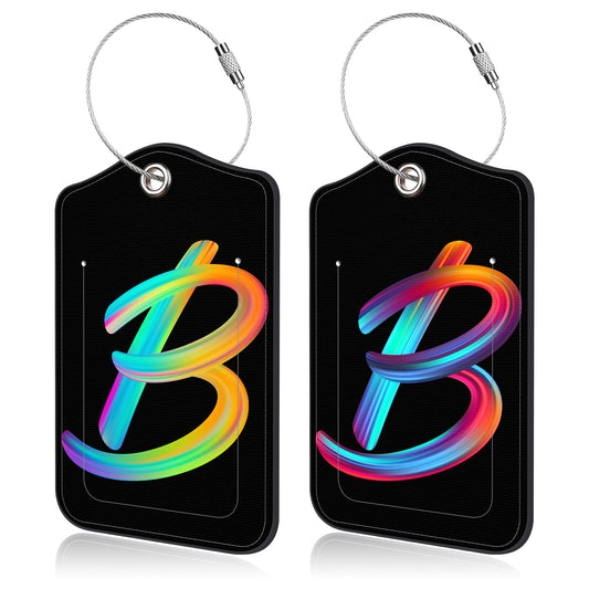 Luggage Tags for Suitcase,2 Pack Neon Colorful Letters Luggage Tags,Leather Baggage Tags Identifiers with Privacy Name Address Labels and Metal Loop for Women Men Girls Travel,Letter B