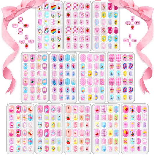 288 Pieces Kids Nails Press ons for Girls, Acejoz Fake Nail Set Pre Glue Stick on Short Nails for Children Little Girls 8-12 Year Nail Art Decoration