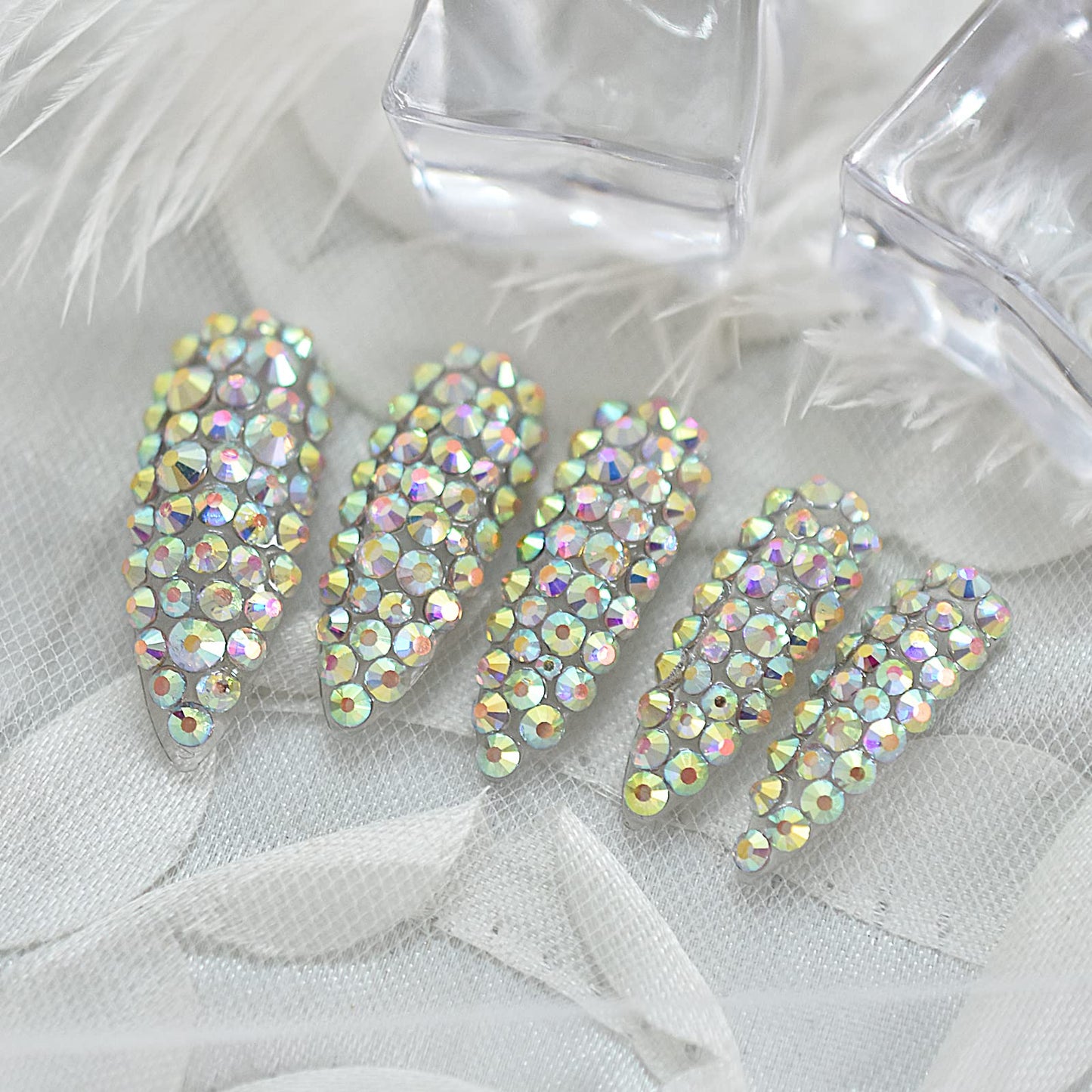 All Diamond Gorgeous, Press On Nails Long Stiletto EchiQ, Rhinestone Gem 3D Nails Art Design Fake Nails, French Acrylic Glossy Almond Faux Ongles Kits, Reusable Full Cover for Women Girls Gift, 24 pcs