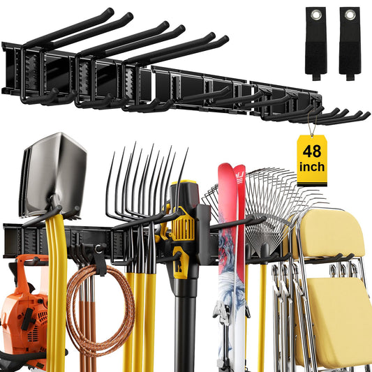 YZSFMZGE 48" Garage Tool Organizer Wall Mount, 660lbs Heavy Duty Steel Garden Tool Storage Rack with 9 Adjustable Hooks for Yard, Shed, Garage (3 Racks, 9 Hooks, 2 Straps)