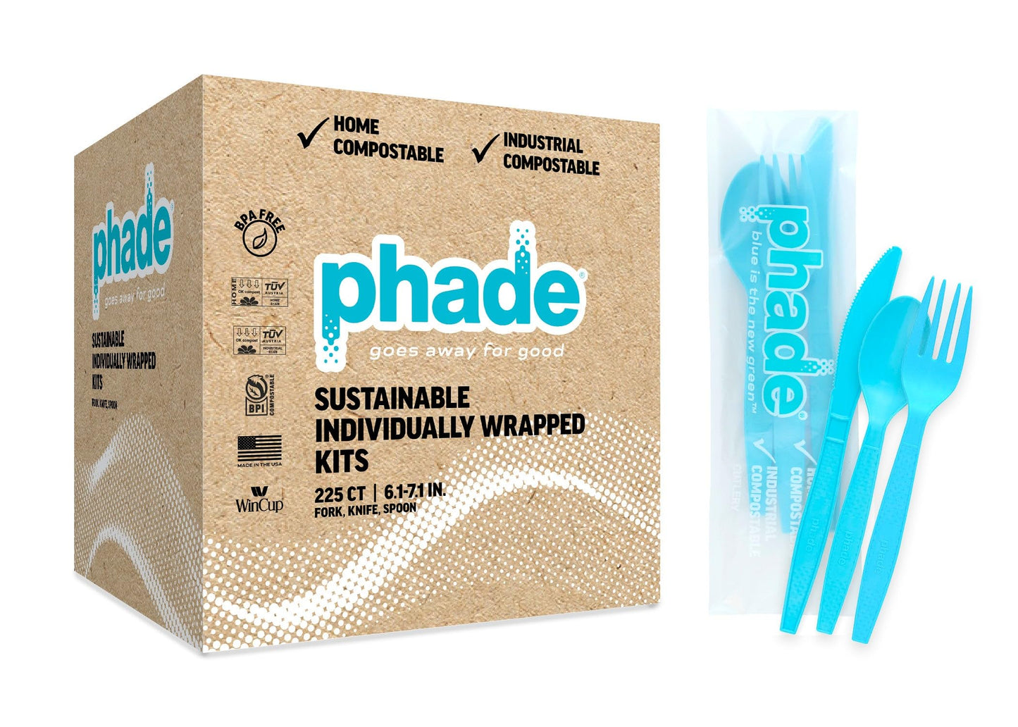 phade 100% Compostable Cutlery Set – 675 Utensils - BPI Certified Forks, Knives & Spoons in Wrapped Compostable Packaging, 6.1–7.1 Inch Sustainable Disposable Utensils – Made in USA