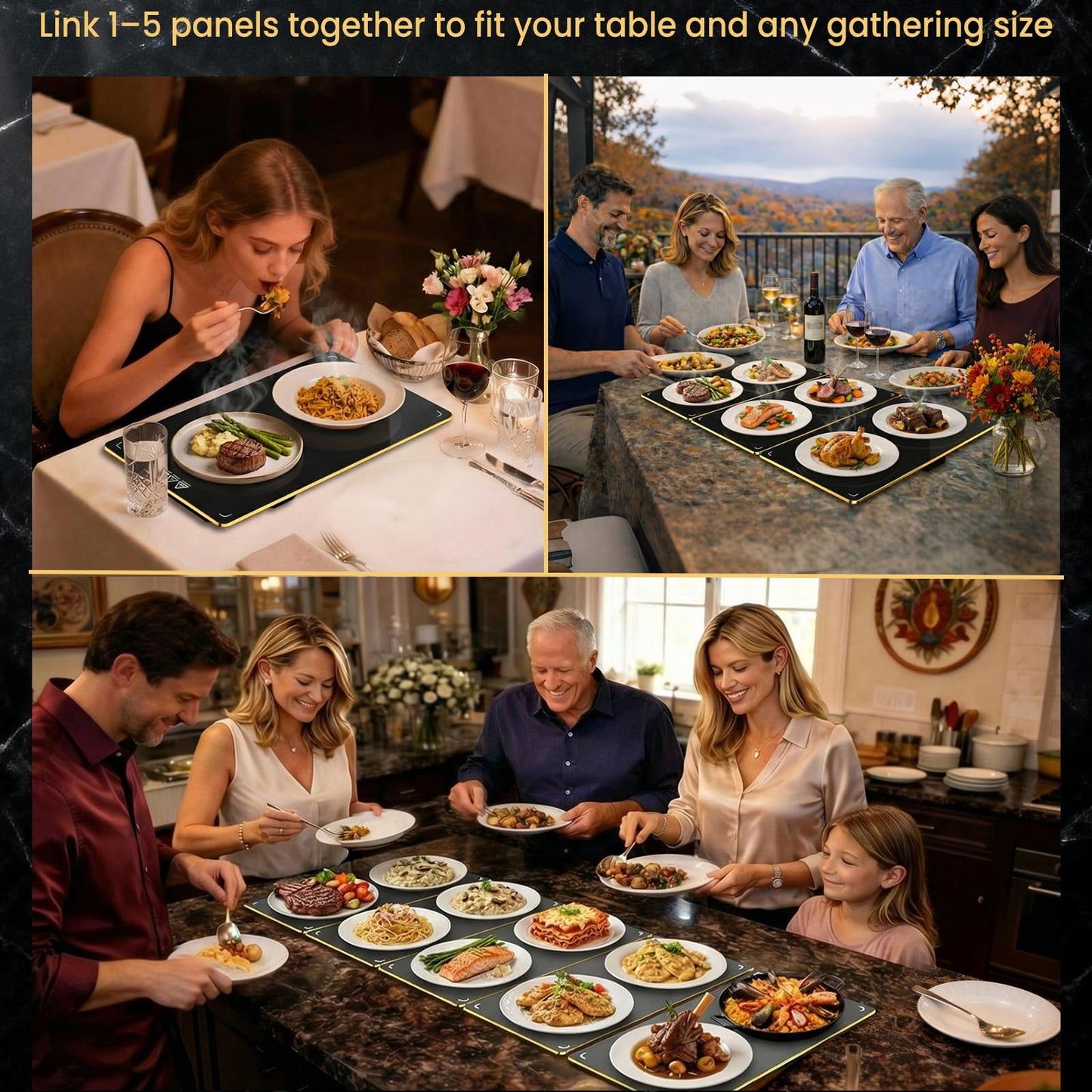 Electric Warming Tray XXXL 44"x16" with Storage Bag, Adjustable‑Size Food Warming Mat, 5‑in‑1 Expandable Modular, Food Warmer for Parties, Buffet, Catering & Gathering, 8‑Level Temp & Timer, Gold Edge
