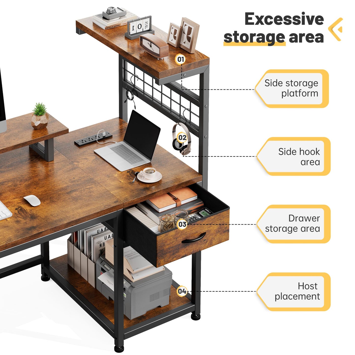 EnHomee 48" Computer Desk with Power Outlets & LED Lights, Gaming Desk with Drawer & Storage Shelves, Reversible Home Office Desk with Monitor Stand, for Living, Study Room, Gaming Room, Rustic Brown