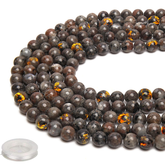 70PCS Natural 8MM Healing Gemstone, Yooperlite Stones Energy Stone Round Loose Beads, Semi-Precious Crystal Beads with Free Elastic String for Jewelry Making DIY