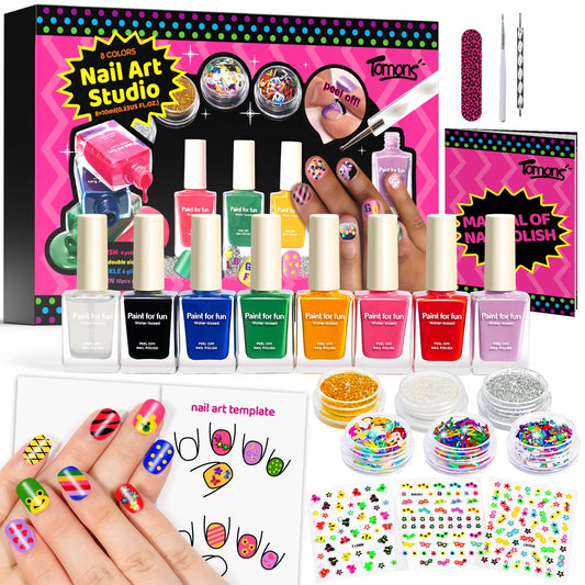 Tomons Nail Polish Set Non Toxic Kids Nail Polish Kit for Kids Ages 7-12, Birthday Gifts for 6 7 8 9 10 11 12 Year Girl, Glitter, Sequins, Stickers, Nail Art Kit Tools- 8 Colors