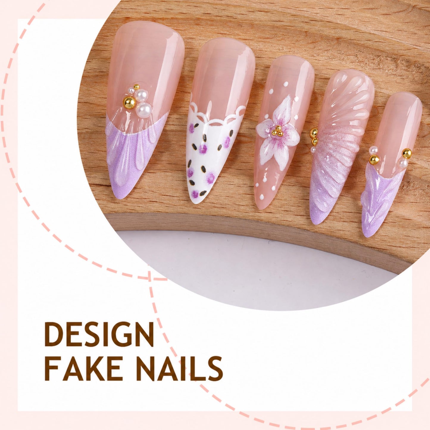 Long Press on Nails Almond Fake Nails Lavender Artificial Nail 3D Flower Shell Tip Pearl Gold Bead Floral French Glossy Stick on Nail Fairy Garden Look for Women 24pcs