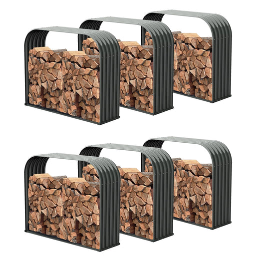 A ANLEOLIFE 6-Set Galvanized Steel Firewood Storage Rack with Weatherproof Corrugated Roof, Heavy Duty Outdoor Log Holder for Patio Porch Fire Pit, Trio, Gray