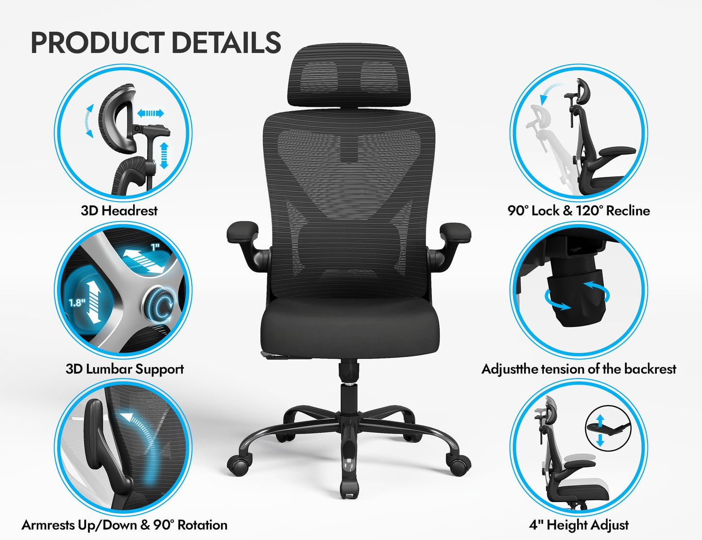 Ergalithic Ergonomic Office Chair - X-Shaped Computer Desk Chair Comfy, Gaming Chair, Office Chair with Lumbar Support, Mesh Office Chairs with Headrests, Desk Chair for Long Hours (Black Silver)