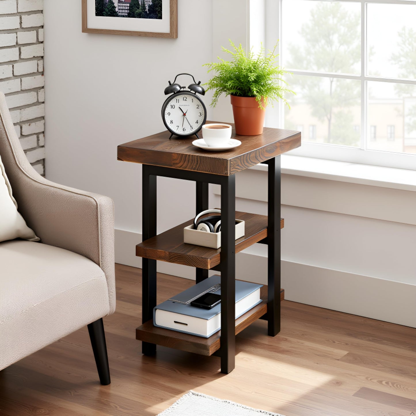 Alaterre Furniture Pomona Living Room 3-Tier Solid Wood End Table with Metal Legs & Storage Shelves – Modern Rustic Industrial Space-Saving Side Table or Nightstand (Rustic Brown)