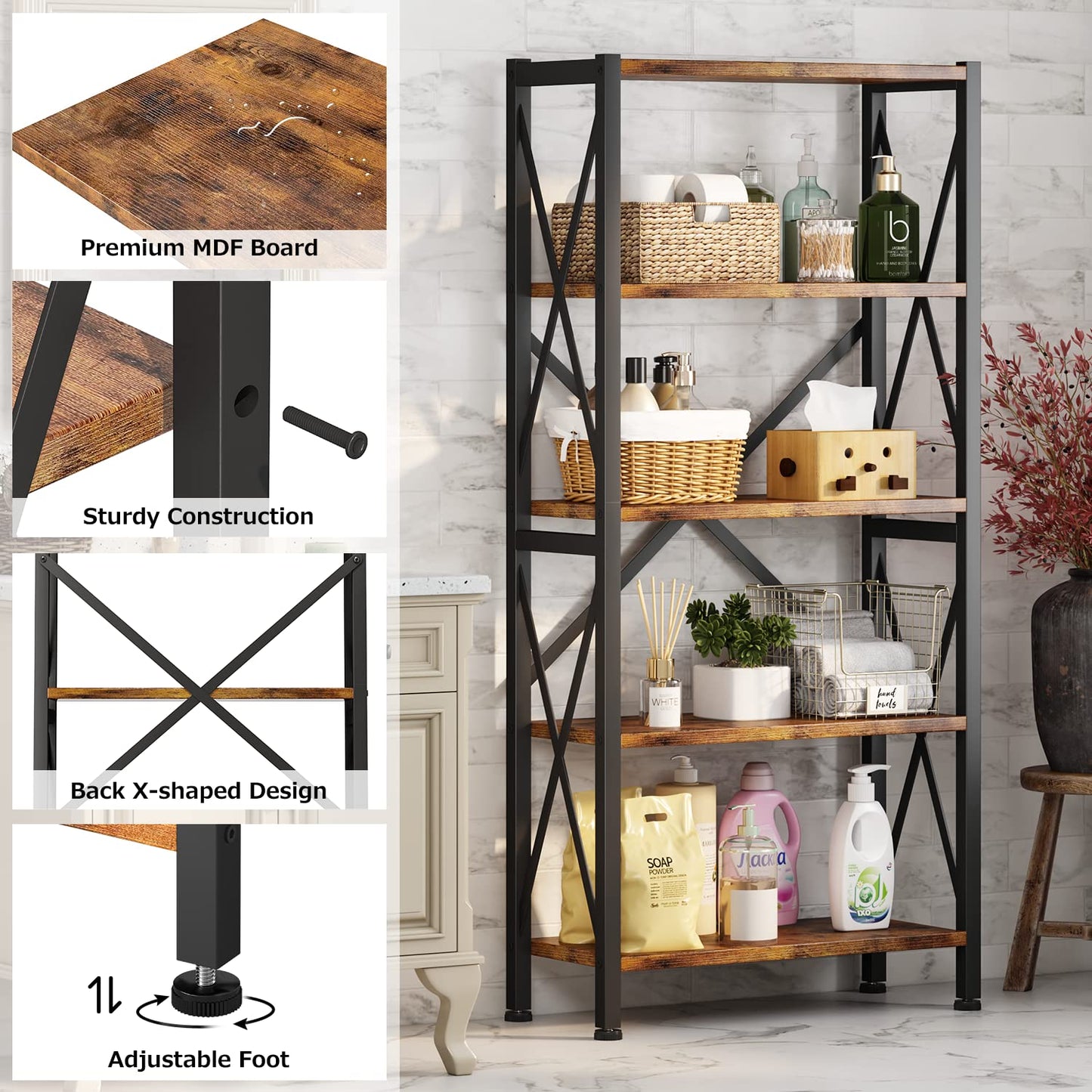 Homeiju 5-Tier Bookshelf,Wood Bookcase,Book Shelf with Steel Frame, Storage Rack with Open Shelves, Rustic Standing Bookshelves Ladder Shelf 110lbs/shelf for Bedroom,Living Room and Home Office