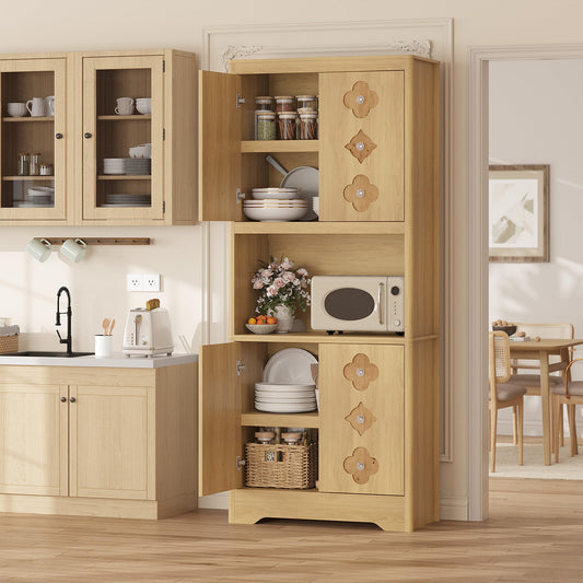 GarveeHome 72" Tall Pantry Cabinet with Carved Door, Kitchen Storage Cabinet with Shelf for Microwave, Freestanding Wooden Cupboard with Crystal Handle, for Dining Living Room, Light Oak