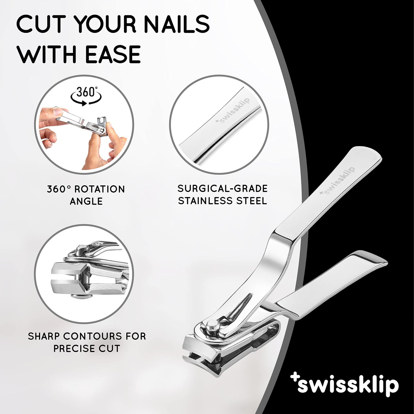 Swissker by Swissklip Nail Clippers for Men & Women I Finger Nail Clippers for Adult with 360 Degree Rotating Head I Fingernail Clippers for Women I Surgical-Grade Stainless Steel Material (3 Pack)