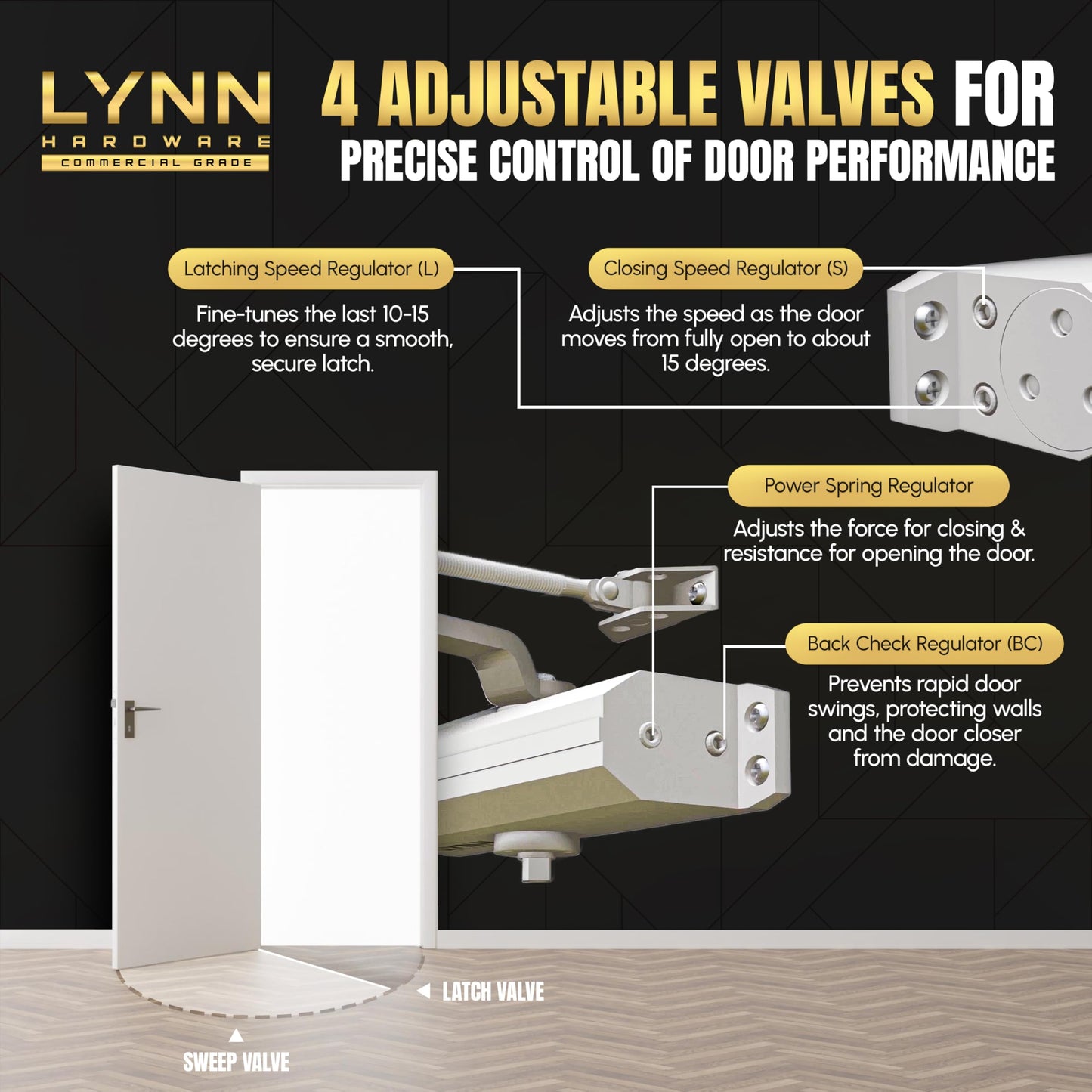 LYNN HARDWARE Medium/Heavy Duty Automatic Door Closer (Dark Bronze) - Commercial Grade, Contractors Choice, Adjustable Speed & Force, 3 Mounting Options, 3 Hour Fire Rated (DC7016 Model)