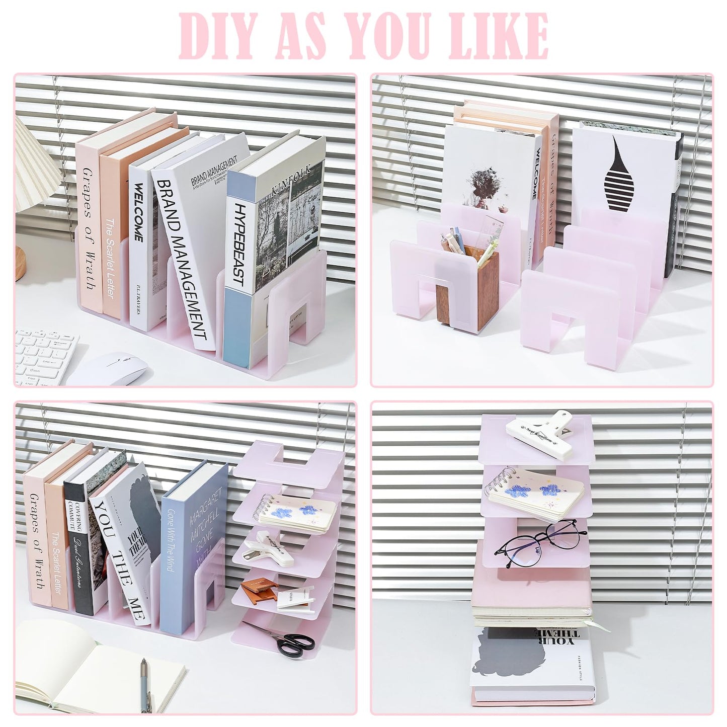 BAYTORY 2Pcs Acrylic File Holder Purse Organizer, Sturdy Desktop File Sorter Organizer, Binder Shelf for Office Desk Kitchen Shelf Closet (Pink)