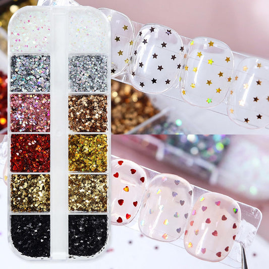 12 Boxes Valentines Laser Heart Nail Art Glitters Heart Star Nail Sequins Set, Valentines Romantic Love Nail Decor Accessories Mini 3D Love Nail Decals Holographic Glitters for Women Manicure
