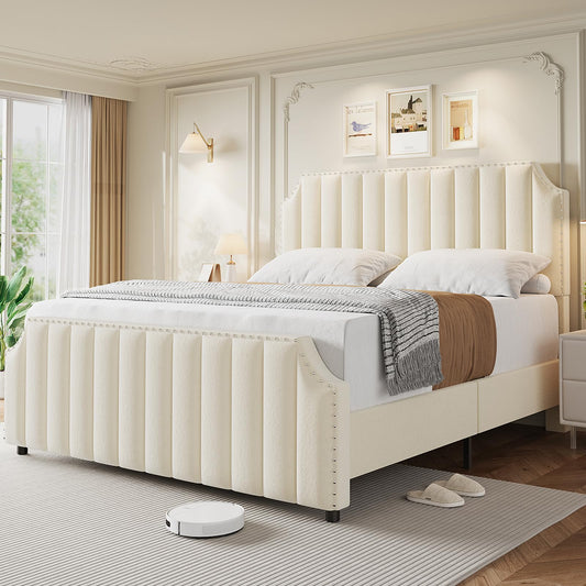 King Size Velvet Bed Frame, Vertical Channel Tufted 50.2" Tall Headboard and Footboard with Nailhead Trim, Upholstered Platform Bed, Strong Wooden Slats, No Box Spring Needed, Easy Assembly, Beige