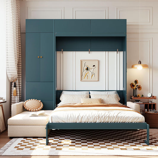 DNYN Queen Size Murphy Bed with Cabinet and Sofa Design for Bedroom/Guest Room, Space-Saving Foldable Wall Bed Frame with Multi-Layer Shelves, No Box Spring Needed