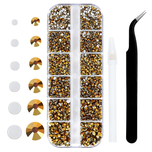 Meibite Gold Glass Flatback Rhinestones for Nails, Crafts & Clothes – 4240PCS 6 Sizes (SS6–SS20) Crystal Gems Kit with Tweezers & Picker, Non Hotfix DIY Rhinestones for Tumblers, Shoes, Nail Art