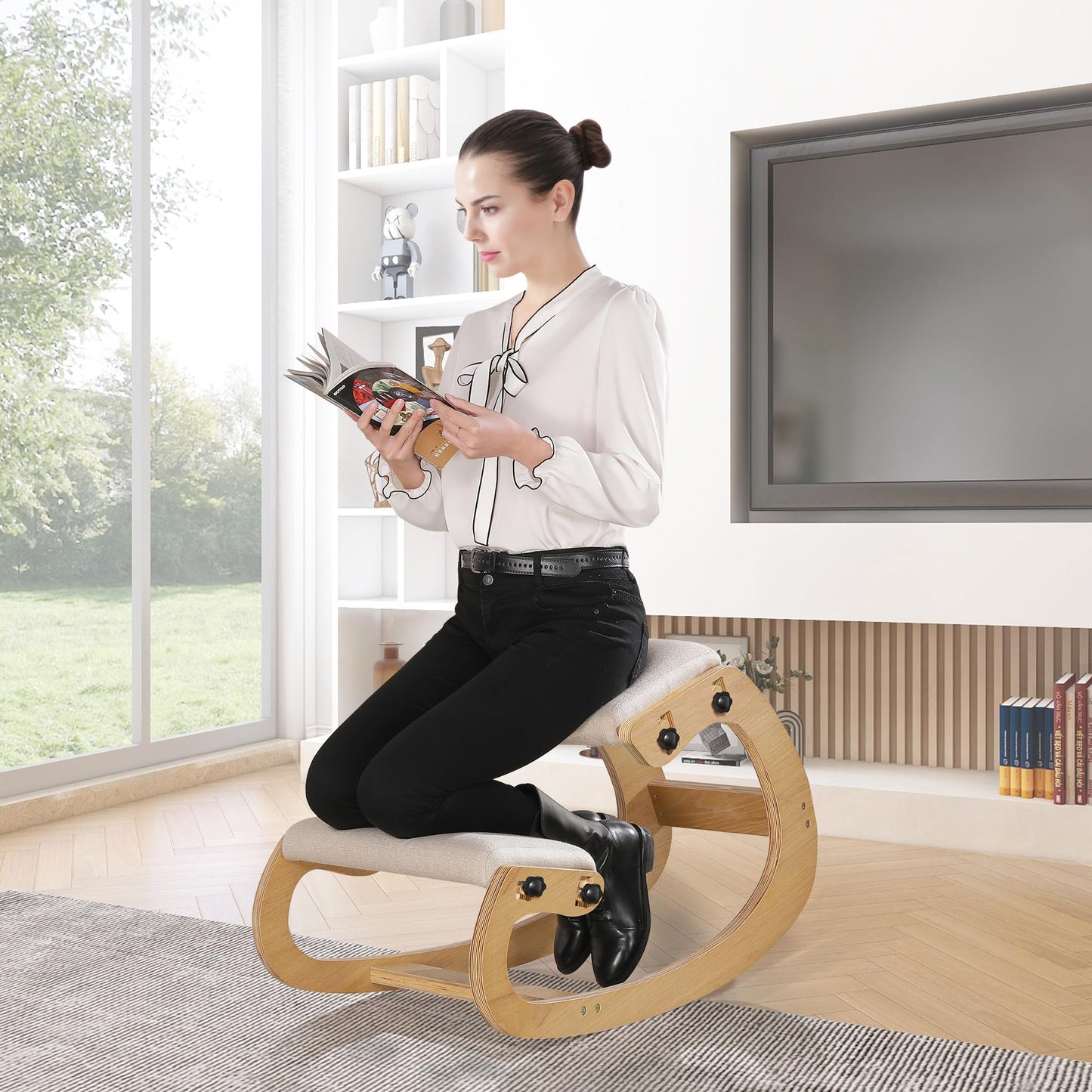 Predawn Adjustable Ergonomic Kneeling Chair – Custom Height Rocking Posture Stool with Thick Cushions, Solid Wood Frame, Knee Support Seat for Adults, Office or Meditation Use(White Oak)