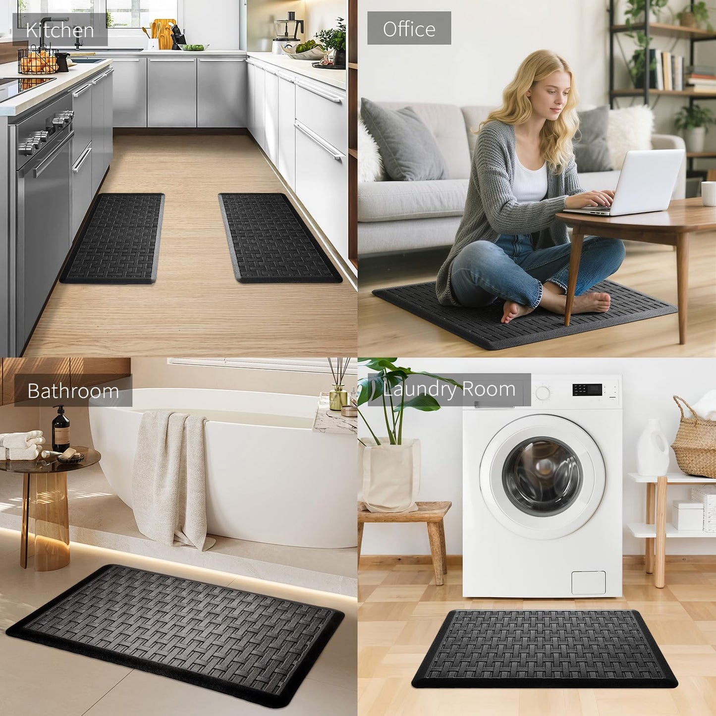 2PCS UKISS Kitchen Rugs, Cushioned Anti Fatigue Kitchen Mats for Floor, Waterproof Kitchen Rug，Non-Slip Comfort Standing Mat for Kitchen (Black, 17.3"x28"+17.3"x28")