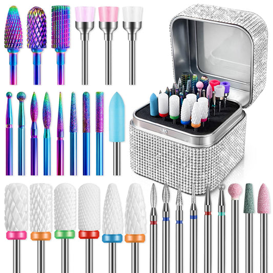 Nail Drill Bits Set with Storage Case: 30pcs 3/32 Inch Carbide Diamond Ceramic Professional Salon Kit for Acrylic Nails, Multi-Function for Women Nail Artists Manicure Pedicure (Silver)