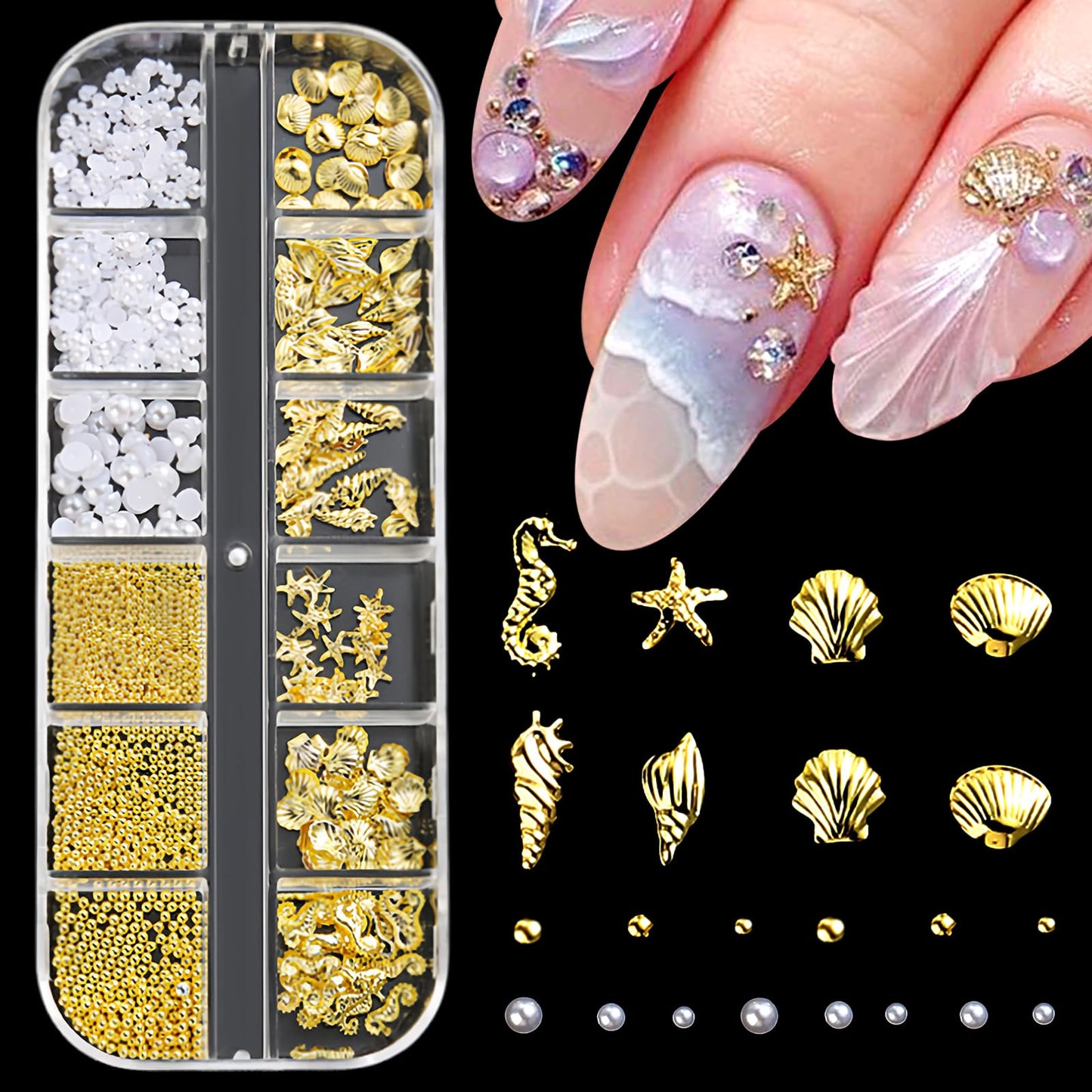 Summer Nail Charms 3D Steel Studs Metal Art Charms Pearls Seashell Starfish Gold Nail Rhinestones Ocean Theme Designs Conch Alloy Nail Rivets Caviar Beads Nail Supplies for Women Manicure 12 Grids