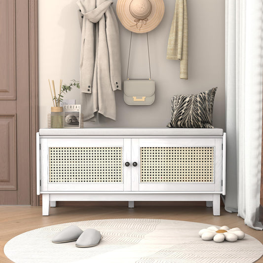 GDFStudio Boho Rattan Shoe Storage Bench with Cushion, Wooden Shoe Organizer with 2 Doors, 3-Level Adjustable Shelves, Entryway Shoes Cabinet for Hallway Bedroom Living Room, Espresso+Beige