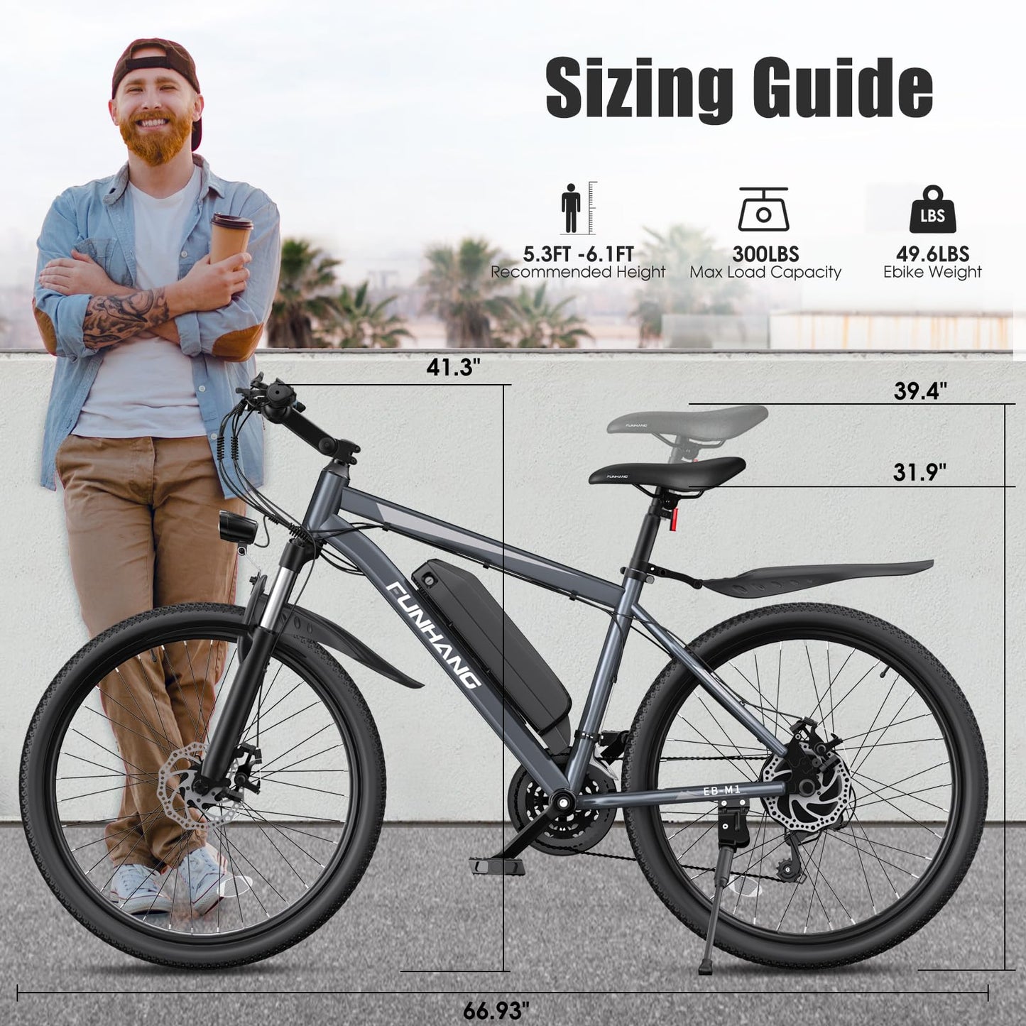 Funhang Electric Bike for Adults, 1000W Peak Ebike, 50Miles 21.7MPH Electric Mountain Bike, 26" Adult Electric Bicycle with 48V Removable Battery, Fenders,7 Speed, Front Suspension, UL 2849 Certified
