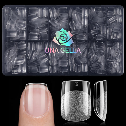 UNA GELLA Extra Short Square Nail Tips, 600pcs Pre Etched XS Short Square Gel Nail Tips, Soft Gel Clear Fake Nails Full Cover for DIY Nails Salon At Home 12 Sizes