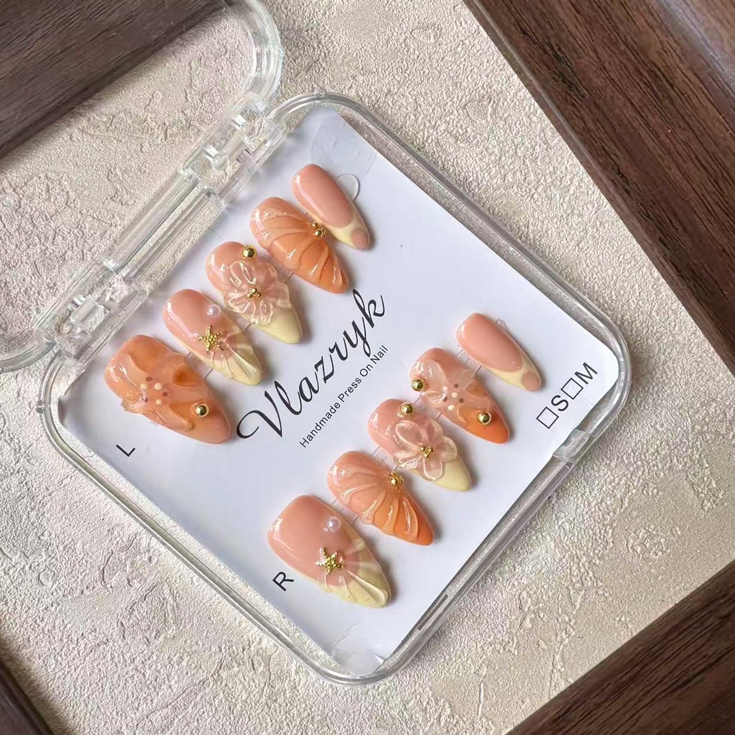 Handmade Press On Nails, Medium Almond Fake Nails with 3D Flowers & Metal Charms, Reusable Full Cover Acrylic Nails,Luxury Orange-Yellow Gradient French Tips for Women.(10PCS Size S)
