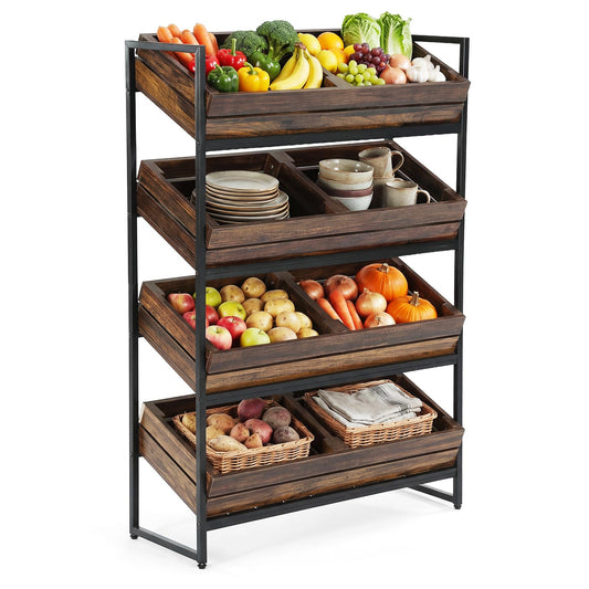 LITTLE TREE 4-Tier Extra Long Stand Basket Rack for Fruit and Vegetable Storage, MDF Retail Display Rack with Metal Frame, Snack Shelf, for Kitchen, Living Room, Supermarket (Brown + Black)