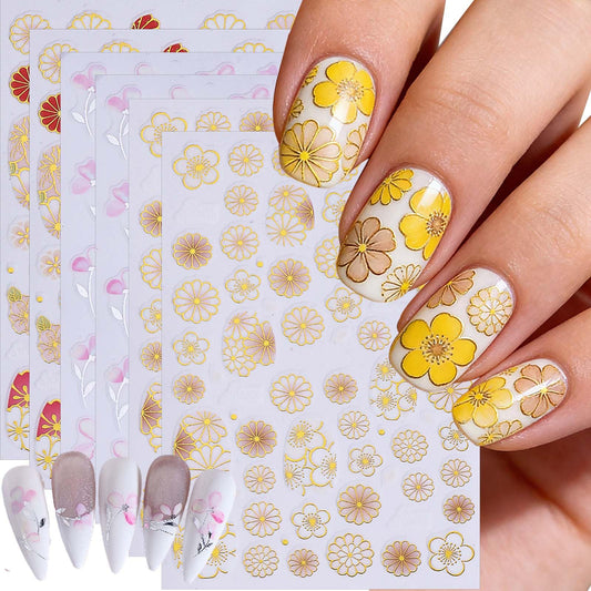 6 Sheets Flower Nail Stickers with Leaf Design Nail Decals 3D Self-Adhesive Gold Hollow Out Floral Nail Art Stickers Spring Summer Nail Decoration for Women DIY Manicure Supplies