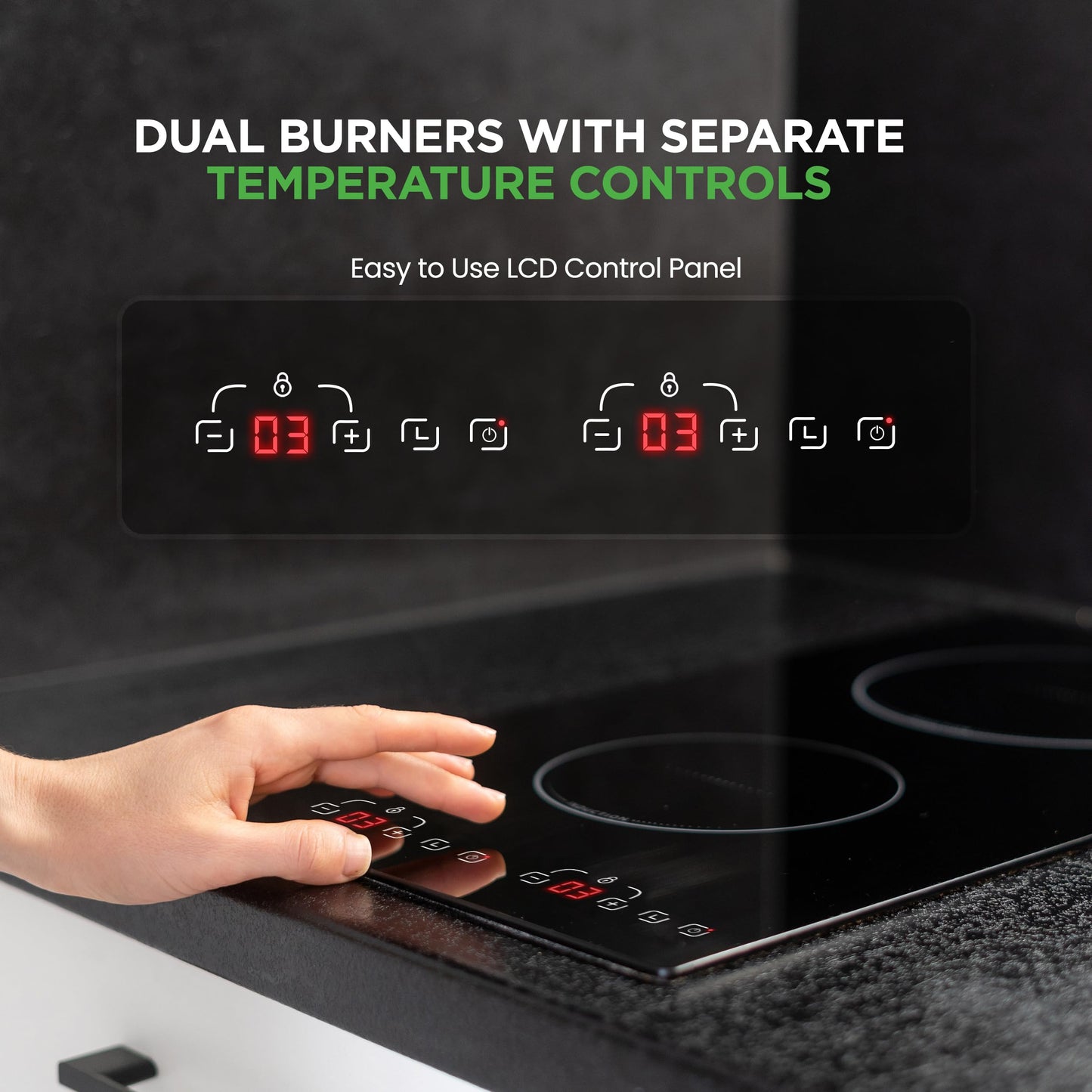 NutriChef Induction Cooktop 2 Burner, Electric Stove - Adjustable Temperature, Digital Touch Sensors, Stain-Resistant/Easy-to-Clean, Induction Hot Plate, 20 x 11 Inch - 1800 Watt