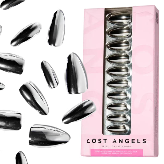 Lost Angels Gel Press On Nails - Chrome Press On Nails - Say Less - Metallic, Shiny, Mirror FInish - Almond Medium Length - Easy Kit with Adhesive Tab or Glue - 30 Count, 15 Sizes